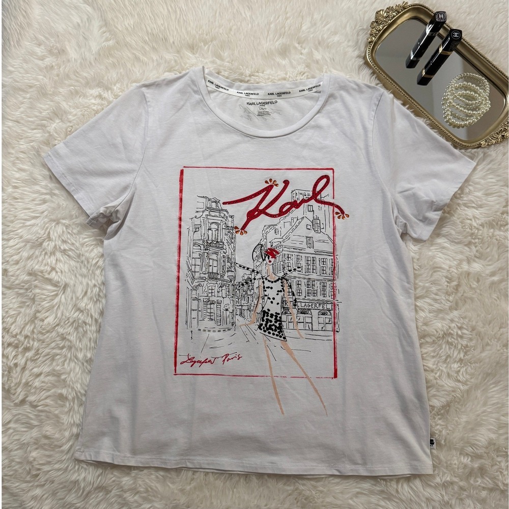 Karl Lagerfeld Paris Womens White Graphic T-Shirt Paris Scene Embellished Large